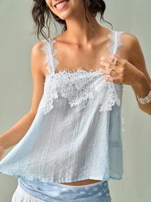 SoleilVie Áo hai dây nữ thanh lịch phối ren patchwork vải xuyên thấu vân nổi, phù hợp cho đi nghỉ mát, brunch bãi biển, trang phục lễ hội màu xanh nhạt và trắng mùa hè - Màu xanh lam - Xem 6