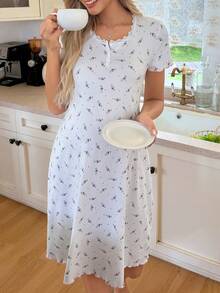 Moonlight&Mama Lace Trim Square Collar Button Decor Romantic Ditsy Floral Maternity Short Sleeve Nightgown - White - View 1