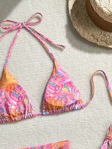 Swim Mod 女款夏季海灘全印花掛脖綁帶波西米亞比基尼三角泳褲套裝附迷你裙 度假風 粉色與橘色 - 彩色 - 查看 5
