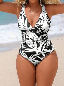Swim Vcay Baju Renang One-Piece Ukuran Besar dengan Motif Daun Acak, Leher V, Tali Bahu yang Dapat Diatur, Desain Elegan & Seksi untuk Pantai & Liburan - Hitam dan Putih - View 1