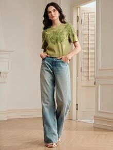 Anewsta Women's Elegant Modern Loose Round Neck T-Shirt Top With Embroidered Applique Design, Summer - Green - View 5