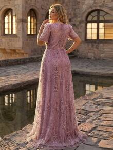 Glamrae Plus Size Dusty Pink Summer Elegant Formal Bridesmaid Prom Wedding Dress, Square Neck Short Sleeve Rhinestone & Pearl Decor A-Line Gala Dress - Dusty Pink - View 2