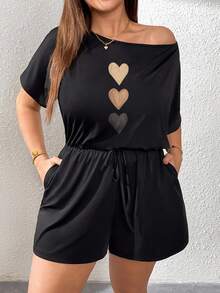 Shapeblank Plus Size Women Black Asymmetrical Shoulder Drawstring Waist Jumpsuit Home Summer Casual - Multicolor - View 5