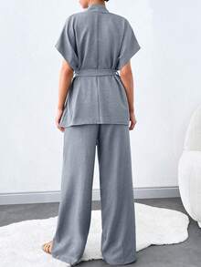 SHEIN Tall 女款夏季純色蝙蝠袖打結腰夾克與長褲休閒套裝，適合高個女性 - 淺灰色 - 查看 2