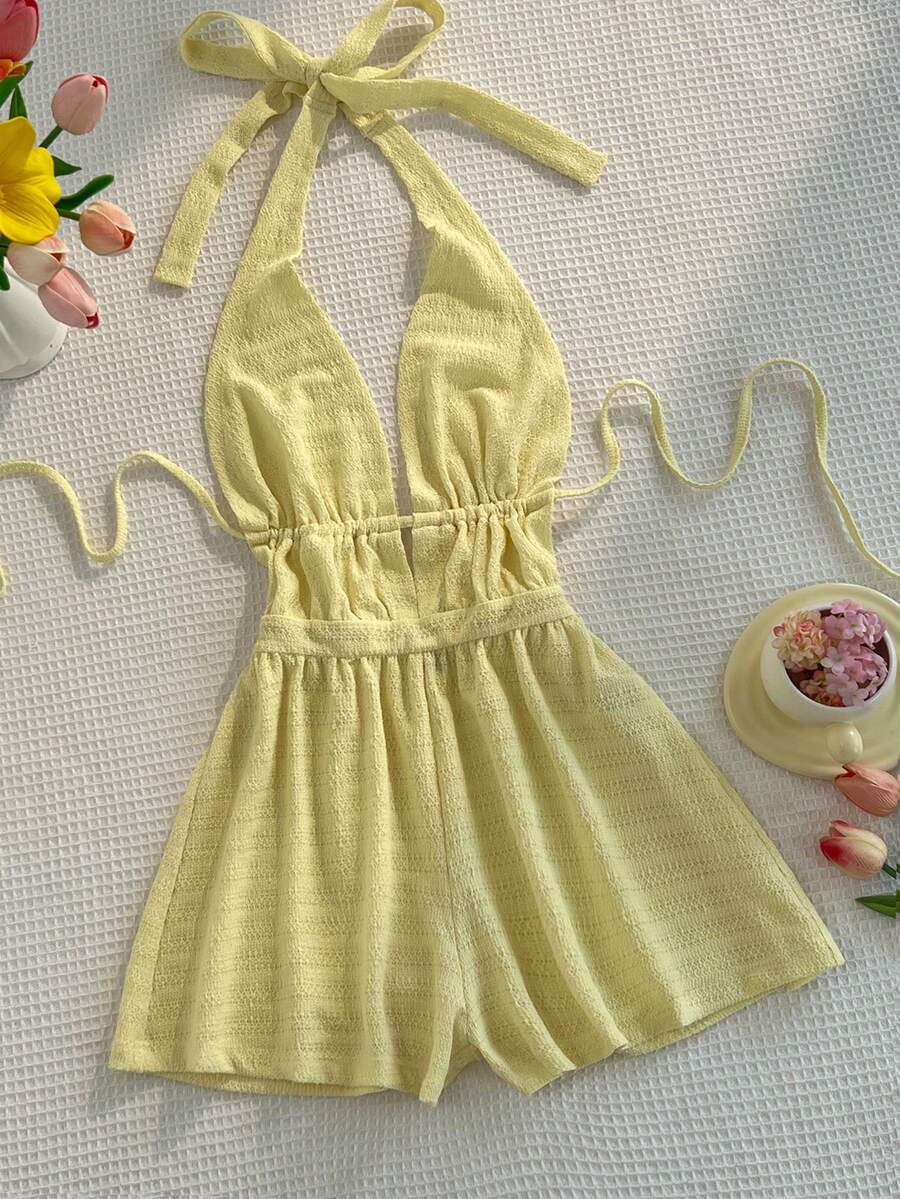 Sunnyshic Bộ jumpsuit ống rộng hở lưng cổ yếm bằng vải dệt họa tiết Y2K - Màu vàng - Xem 1