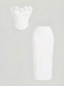 SHEIN MOD Women 3D Floral Decor Bandeau Top And Mini Skirt 2 Pieces Set,Summer Outfits For Women - White - View 2