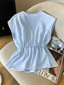 Franclia Linen Sleeveless Shirt For Women,Light Blue,Summer,Elegant,Office,V-Neck,Gold Button,Waist Cinched,Cashew Flower Scarf Decor,,Short Linen Top - Baby Blue - View 2