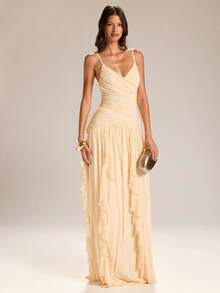 SHEIN BAE Apricot Pleated Ruffle Hem Maxi Dress, Romantic Sheer Chiffon Party Gown For Spring/Summer,Dresses For Women Summer - Apricot - View 6