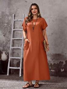 EMERY ROSE Đầm nữ cỡ lớn dáng thường ngày mùa xuân, cổ tròn, tay ngắn, có túi. - Rỉ Nâu - Xem 7