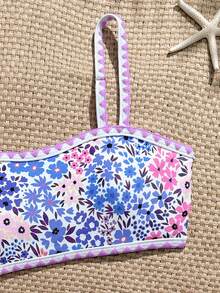 SHEIN Bộ bikini quây họa tiết hoa nhí cho bé gái tuổi teen, đồ bơi trẻ em màu xanh và tím tươi tắn với họa tiết hoa, bộ hai mảnh, thân thiện với da, nhanh khô, chống nắng, đồ bơi ngọt ngào cho bé gái trong kỳ nghỉ hè ở bãi biển và hồ bơi. Bộ bikini cho bé gái tuổi teen, đồ bơi hai mảnh cho bé gái tuổi teen, đồ bơi cho thiếu niên, bộ bikini hai mảnh cho bé gái tuổi teen, bộ bikini cho tuổi teen. - Màu tím - Xem 3