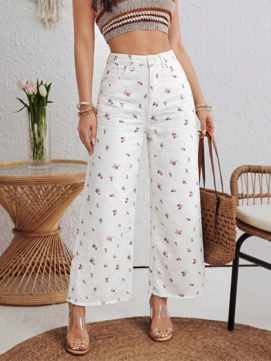 SHEIN Holidaya 女士碎花高腰阔腿休闲牛仔裤 - 彩色 - 查看 1