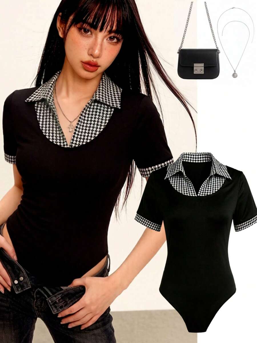 Rina Fox Áo liền thân tay ngắn 2 trong 1 màu trơn cổ điển dành cho nữ, chất liệu dệt kim ôm sát, phối thun, họa tiết kẻ caro, thích hợp cho mùa xuân/hè. - màu đen - Xem 1