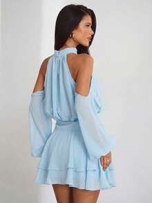 Aloruh Vestido Roxo-Vermelho de Manga Longa Ombro de Fora, Vestido Elegante Casual de Colarinho Pequeno, Primavera - Azul bebê - Visão 2