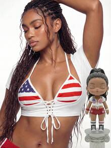 ROMWE Avant Tight-Fitting American Flag Print Patchwork Mock Neck T-Shirt - Multicolor - View 11