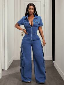 Slaydiva Women's Zipper Cargo Pocket Loose Casual Denim Jumpsuit - Dark Wash - View 7