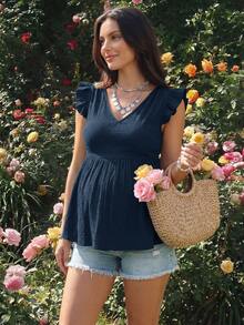 SHEIN Blouse de maternité de couleur unie avec manches à volants et nœud dans le dos pour les vacances - Bleu marine - Voir 3