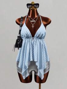 Mistrie Weißes kariertes Rüschen-Top für Damen, süßes Y2K-Sommer-Urlaubs-Shirt, sexy ärmellos mit asymmetrischem Saum, für Strand und Golf - Blau - Übersicht 7