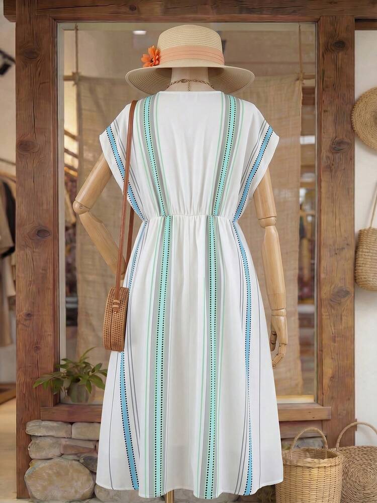 Plus Size Women Casual V-Neck Striped Vacation Dress Women's Country Clothing Vacation Outfits Women Holiday Outfits Beach Outfit For Women Summer Outfits For Women