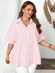 Rosumi Plus Size Line Print Short Sleeve Casual Shirt - Pink - View 10