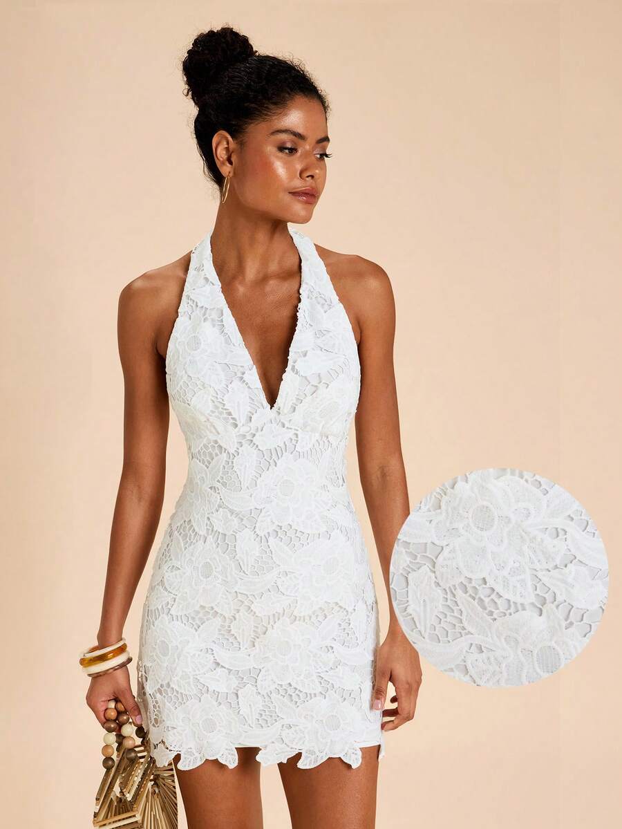 SHEIN TRVLCHIC Romantic Water-Soluble Lace Backless Halter Mini Dress,Summer ,Elegant Dresses For Women,White Dress,Party Dress,Mother's Day,Beach Dress - White - View 1