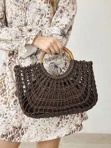 MOTF PREMIUM WOMEN'S FASHION HOLIDAY BROWN HOLLOW STRAW HANDBAG, LARGE-CAPACITY PORTABLE TOTE BAG, SUITABLE FOR VACATION TRAVEL, BEACH AND SEASIDE MATCHING - Coffee - View 9