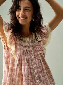 SoleilVie Blusa con cuello cuadrado, abotonada, con parches de encaje floral y mangas con volantes - Rosa Pálido - Ver 5