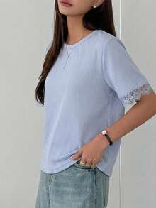 DAZY Women's Summer Round Neck Short Sleeve Lace Patchwork Pullover Casual Minimalist T-Shirt - Blue - View 5