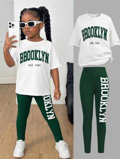Conjunto de camiseta de manga corta con estampado de letras verdes y leggings ajustados de moda casual diaria para niña
