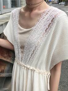 FRIFUL 女士蕾丝拼接腰带A字连衣裙 夏季 - 白色 - 查看 2