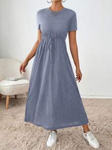 SHEIN Essnce Vestido casual de mujer de unicolor con cuello redondo, manga corta y lazo en la cintura - Neblina azul - Ver 3