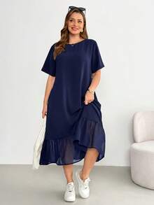 Shapeblank Plus-Size Women's Spring/Summer Fashion Casual Loose Comfortable Everyday Basic Versatile Slimming Black Short-Sleeved Chiffon Patchwork Mid-Length Dress,Summer Outfits,Pocket Dress,Simple Style - Navy Blue - View 3