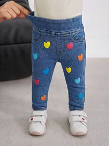 SHEIN Baby GirlColorful Heart Pattern Blue Denim Skinny Jeans Sports Stretchy And Comfortable Summer Festival Beach - Blue - View 4