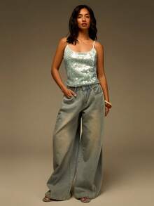 Athîral Áo hai dây đính sequin dáng casual dành cho nữ, áo vest không tay trễ vai màu xanh bóng đính sequin, trang phục dự tiệc. - màu xanh lá - Xem 3