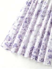GlowEve CURVE Plus Size Women's Floral Print Elastic Waist Ruched A-Line Skirt Suitable For Spring Summer Date Night Vacation White Elegant - Purple - View 5