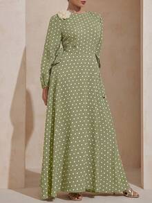 Modelyn 大码腰带波点3D立体花卉装饰弹力袖摆裙 - 綠色 - 查看 5