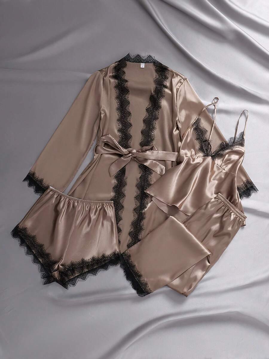 EmpressEnvy 4件套女士性感蕾丝吊带睡衣套装,蕾丝边短裤,长裤,优雅缎面腰带睡袍,四季皆宜的缎面睡衣套装,缎面睡袍套装,缎面内衣套装,睡衣套装,秋冬服装 - 棕色 - 查看 1