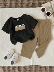 SHEIN 2pcs Baby Boys/Girls Cute Casual Waffle Fabric Short Sleeve Pants Pajama Set, Suitable For Home, Daily Wear And Outings, Spring/Summer - Multicolor - View 6