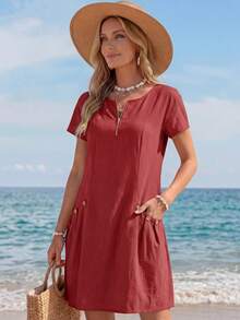 Sylviya Solid Color Zipper Round Neck Women Dress For Summer Commute Daily,Casual - Burgundy - View 3