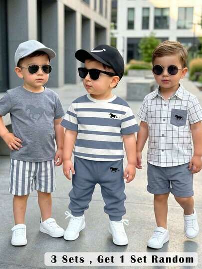 SHEIN 3 Sets Baby Boys' Loose Casual Sports Short Sleeve T-Shirt And Pants 2-Piece Outfits, Suitable For Spring & Summer, Classic Striped Print And Stylish Horse Logo Print, Buy 3 Sets Get 1 Set Random