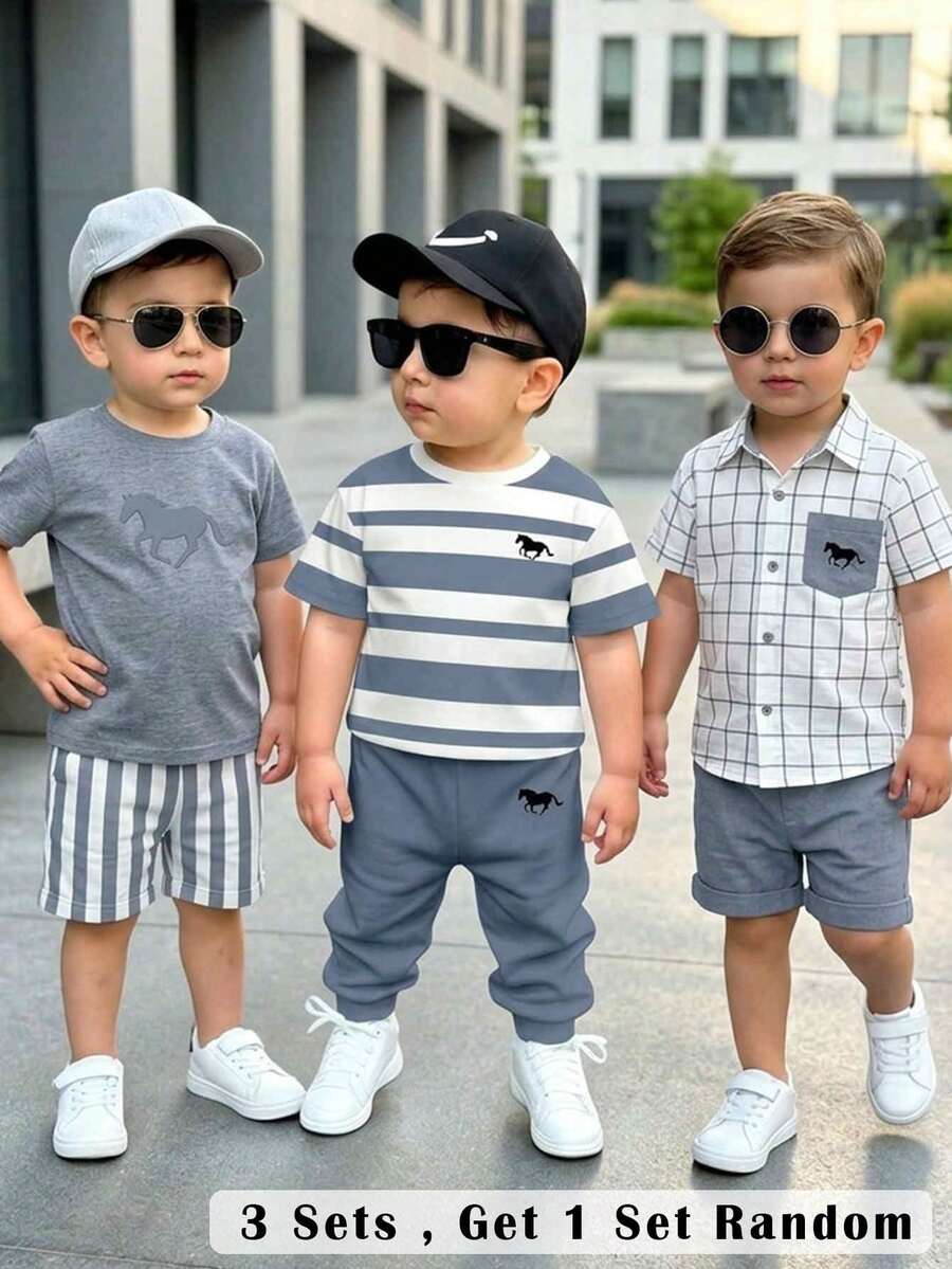 SHEIN Bộ 3 món áo thun ngắn tay và quần dài thể thao dáng rộng cho bé trai, thích hợp cho mùa xuân và hè, họa tiết kẻ sọc cổ điển và logo ngựa thời trang, mua 3 tặng 1 ngẫu nhiên. - Nhiều màu - Xem 1