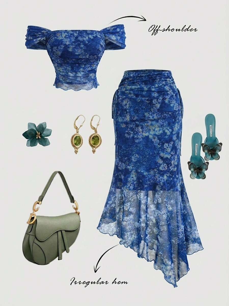 SHEIN MOD 复古绿色油画植物印花网纱两件套,露肩、美人鱼式、不对称下摆设计——完美适用于度假、约会、野餐、派对、舞会和节日庆典 - 藍色 - 查看 1
