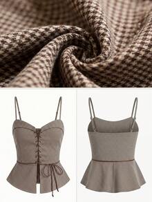DAZY Camiseta de tirantes con cintura anudada a cuadros, top casual de verano para vacaciones en la playa para mujeres - Caqui - Ver 12