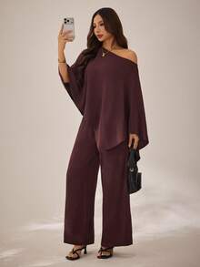 SHEIN PETITE 新款休闲通勤单肩不规则上衣+高腰阔腿裤女式两件套，适合春夏穿着 - 棕色 - 查看 3