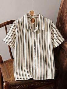 Mirajuku Camisa de cuello con textura de gofre y rayas para niño preadolescente, tela cómoda adecuada para uso diario, ir y venir, salidas casuales, viajes y vacaciones. Se puede combinar con pantalones cortos para un look sencillo, limpio y de moda. - Albaricoque - Ver 4
