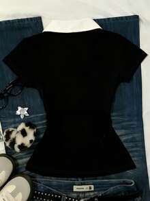 Tween Girls' Colorblock Collar Short Sleeve Casual Cinched Waist Polo Shirt For Summer - Multicolor - View 2
