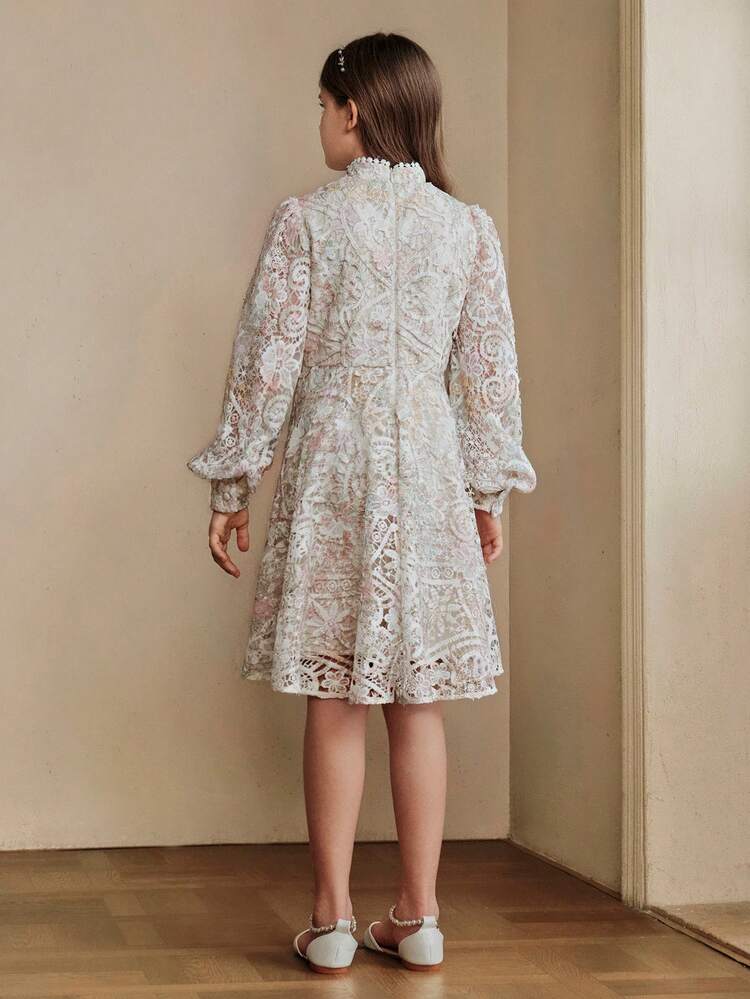 Girls' Elegant Colorful Water-Soluble Lace Fabric A-Line Dress, High Waist Stand Collar Floral Print Long Sleeve Dress, Spring/Summer
