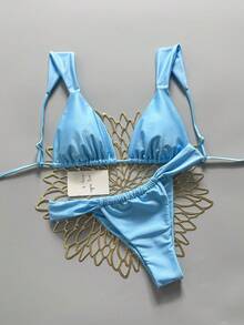 Swim Basics Bộ bikini và quần tam giác màu trơn dành cho nữ - Màu xanh lam - Xem 1