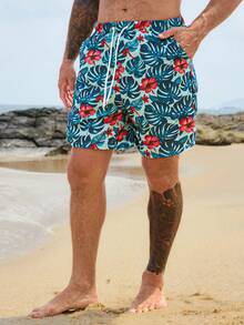 DAZY Tropical Plant Print Men's Beach Shorts, Summer Vacation Style - Multicolor - View 3