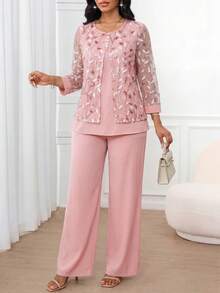 SHEIN Lady Bộ 2 món dành cho nữ, gồm áo và quần dài cài cúc phía trước, có chi tiết ren và đính sequin. - Hồng - Xem 4