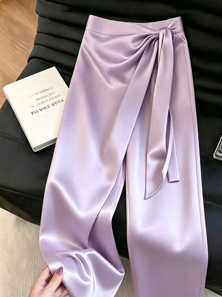 Franclia 女士优雅缎面长裤,光泽高端不对称系带阔腿裤,适合春、夏、初秋穿着 - 紫色 - 查看 1